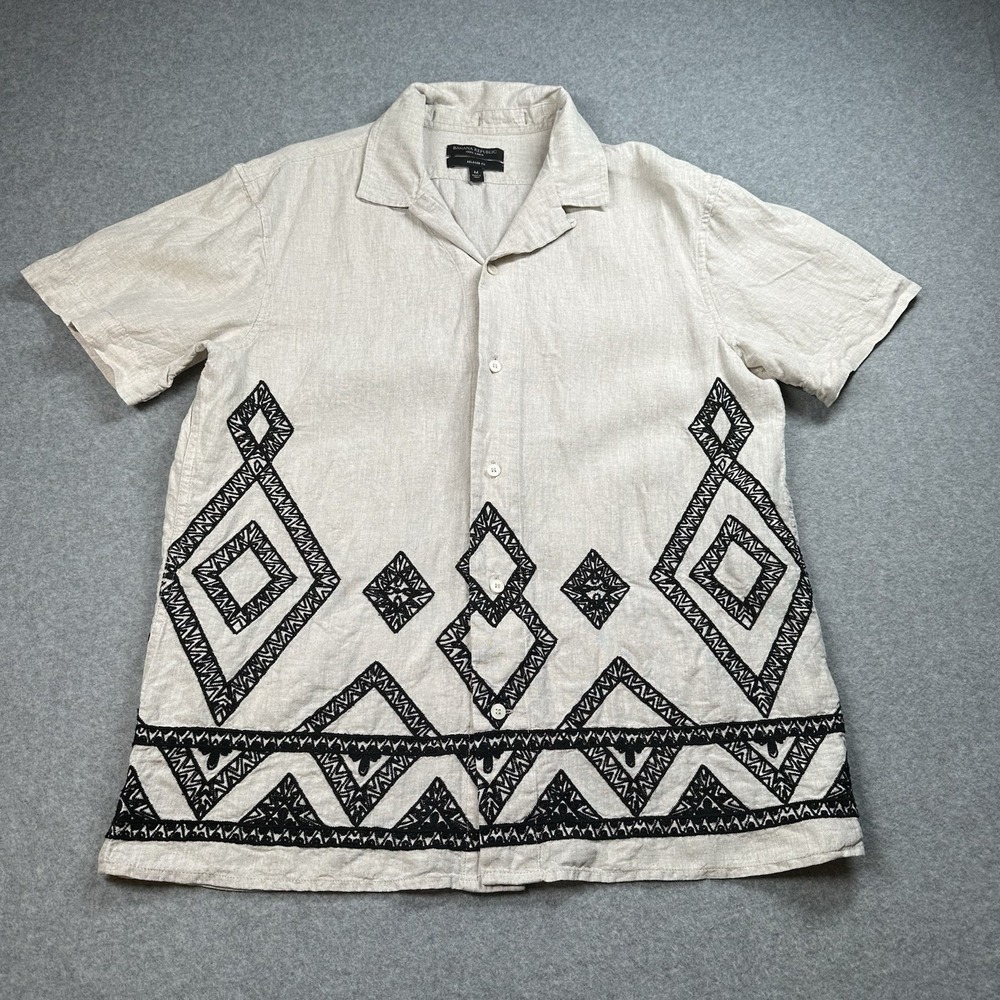 Banana Republic SS Linen Diamro Shirt M Natural Embroidered Resort